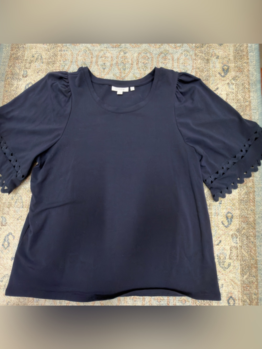 Chico's Navy Short Sleeve Top with Scalloped Cutout Sleeves size M